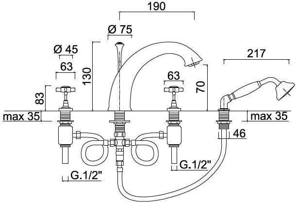 Rubinetteria Giulini Комплект для ванны с ручным душем на 4 отверстия Kensington 3765 - Вид №1