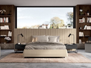 Двуспальная кровать из ткани с высоким изголовьем