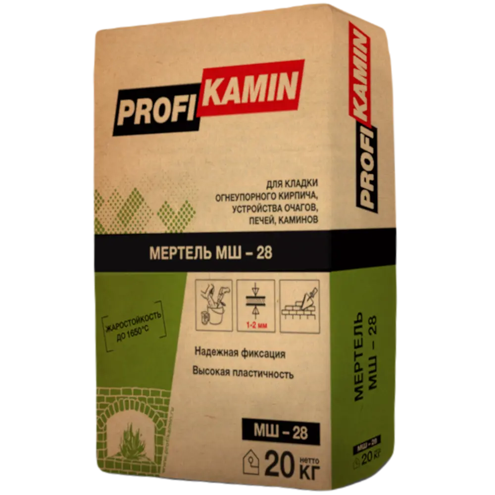 Кладочная смесь для печей и каминов ПрофиКамин Мертель МШ-28 огнеупорность 1690°С 20 кг PROFIKAMIN Мертель шамотный STLM-2057533