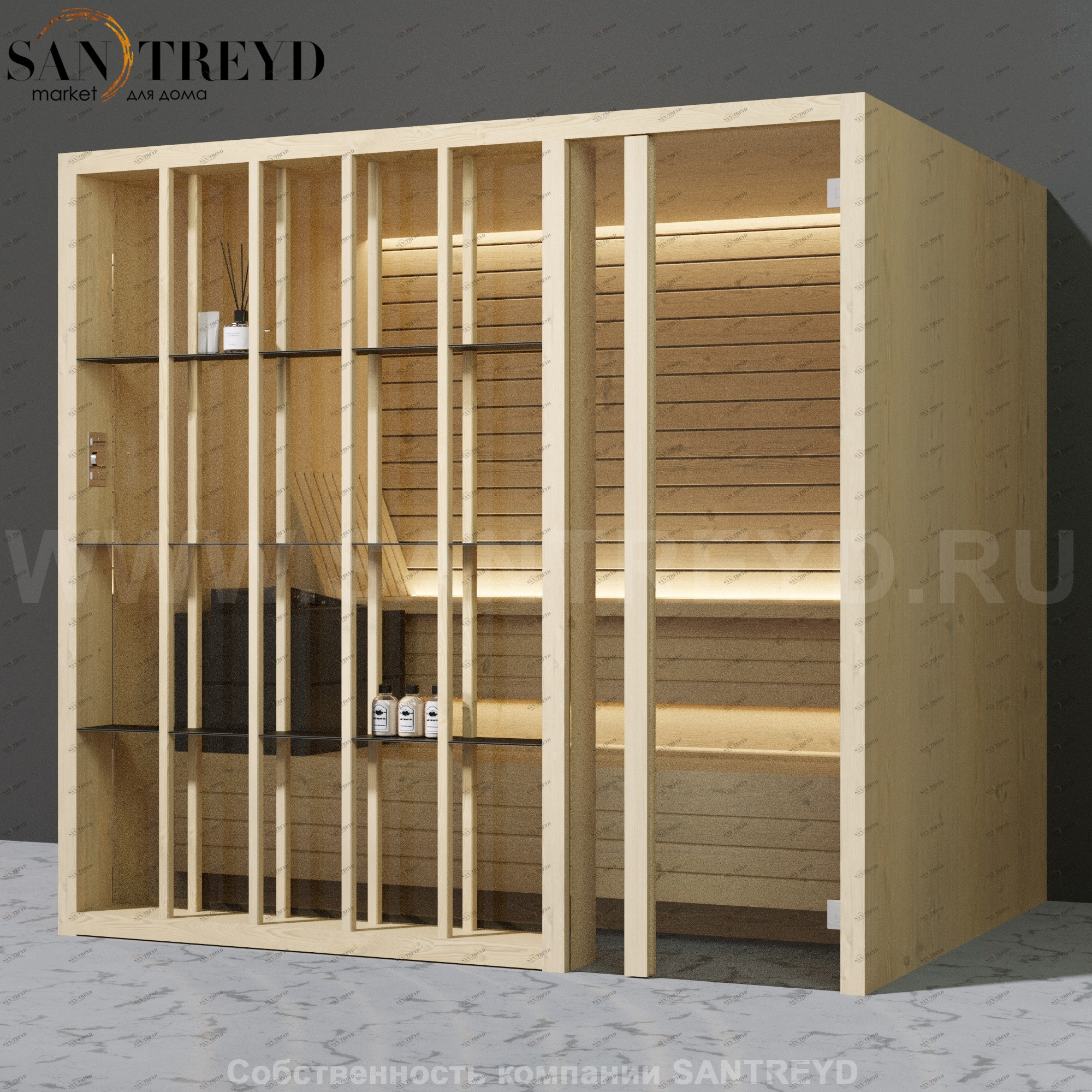 Effegibi YOKU.S105 SA.70100003 Сауна с правой дверью. Мощность: 10,5 кВт макс. Размеры: длина 230 см, ширина 200 см. Отделка: осина термообработанная SA70100003