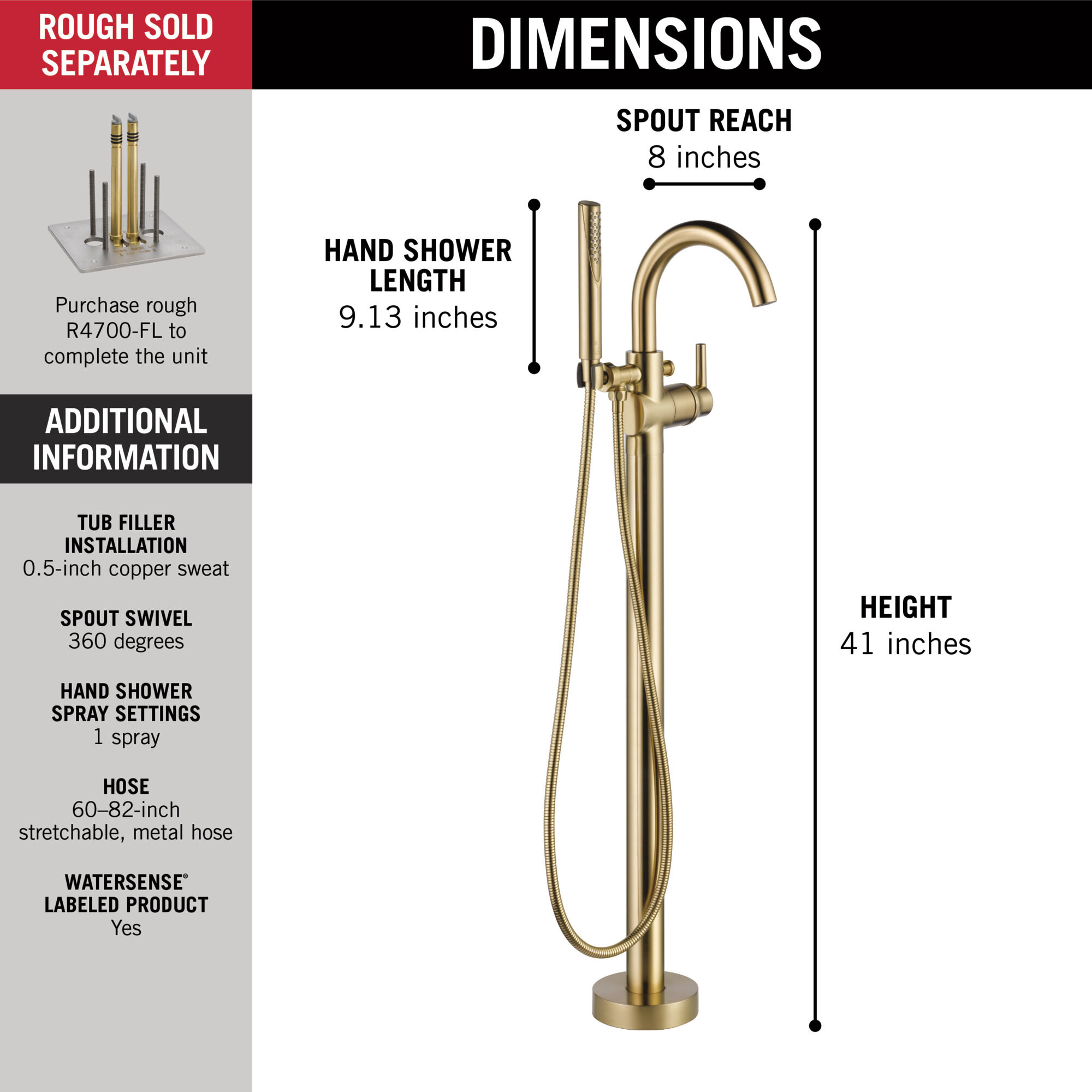 T4759-CZFL Напольная накладка для ванны с одной ручкой и ручным душем Delta Faucet Delta Шампанское бронза - Вид №4