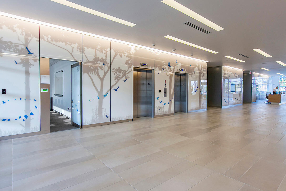 FSRT669 Система облицовки стен Levele с плавающими панелями и индивидуальными панелями из нержавеющей стали с льняной отделкой в ​​центре заботы и открытий, университет медицины Чикаго, Чикаго, Иллинойс Forms-surfaces  - Вид №17