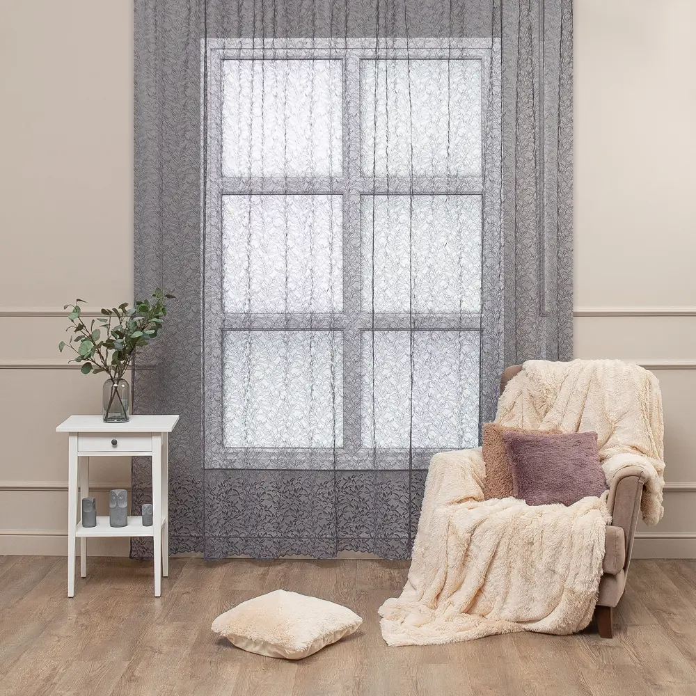 Тюль на ленте Листья 28992 300x280 см цвет серый AMORE MIO STLM-2172329