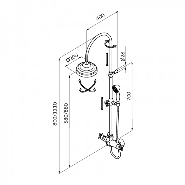 128199 PREMIUM Старый латунный душ термостатический с телескопической колонной Старая Латунь GRB MIXERS  - Вид №1