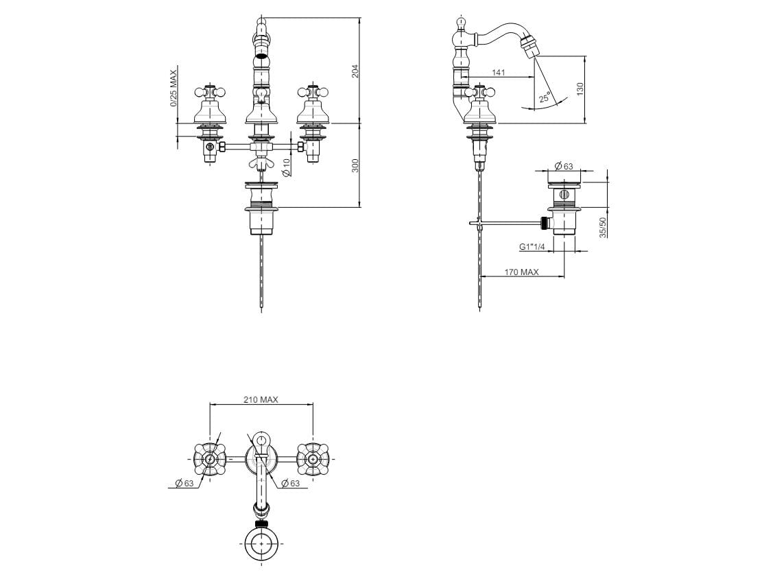 Смеситель для биде с 3 отверстиями для пола с поворотным горлышком Rubinetterie Frattini Dedra ARCH-00098081 - Вид №3