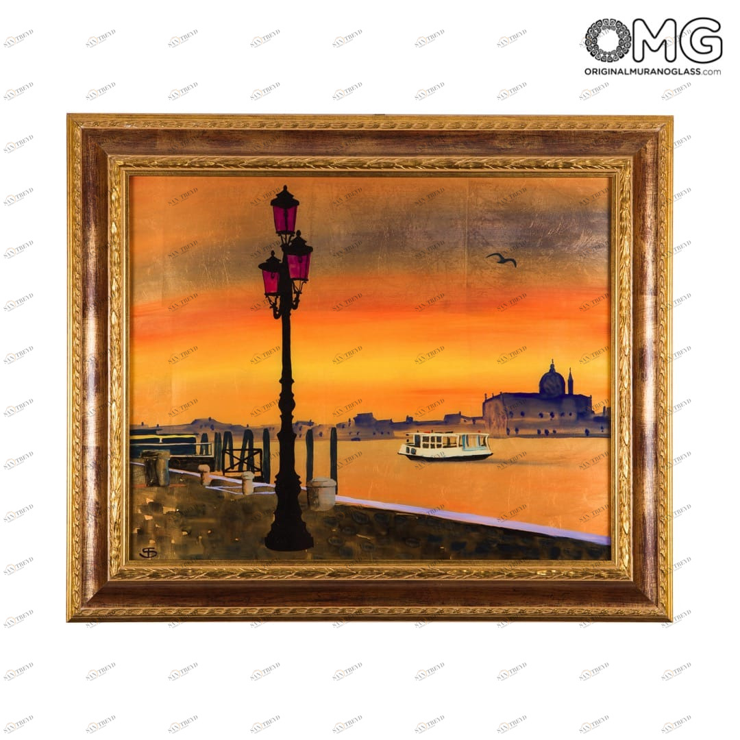 2443 ORIGINALMURANOGLASS Картина с рамкой - панорамный вид на о.Джудекка, эмаль на золотом листе - муранское стекло - Original Murano Glass OMG 3 см 