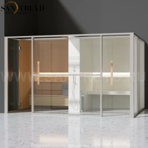 Effegibi LOGICAFILO LO11020002 Комбинированная баня: хаммам и сауна. Установка: в левый угол. Мощность: 10,5 кВт макс. Размеры: длина 373 см, ширина 250 см. Отделка: канадский хемлок, матовый лакированный белый аллюминий и серый ламинат из керамогранита.