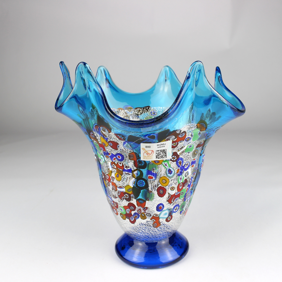 3055 ORIGINALMURANOGLASS Ваза Лазурный гибискус - серебро и миллефиори - Original Murano Glass OMG 18 см  - Вид №1