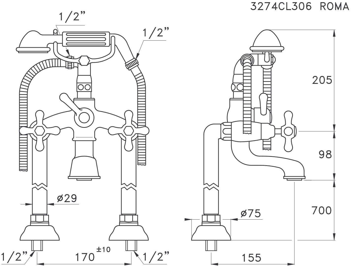RUBINETTERIE STELLA Напольный смеситель для ванны на 2 отверстия Roma sun-id-1495431 - Вид №3