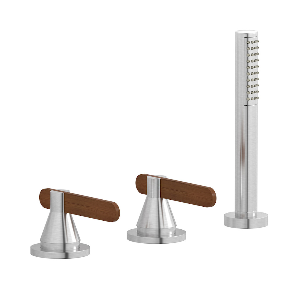 Смеситель на бортик ванной на 3 отверстия с изливом, дивертером и душевым гарнитуром. WE ARE IB oh220cs Brushed Nickel Soho