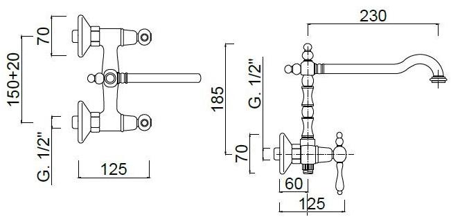 Rubinetteria Giulini Смеситель для кухни настенный на два отверстия с поворотным изливом Praga - praga crystal 7508 - Вид №1