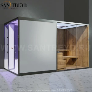 Effegibi BODYLOVE SH BL45240002 Боковая комбинированная баня: хаммам и сауна. Установка: в правый угол. Мощность: 15 кВт макс. Размеры: длина 393 см, ширина 176 см. Отделка: термообработанная древесина, трубчатое стекло и гладкий стекло.