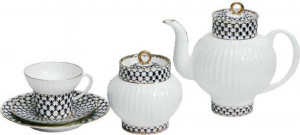 10529380 Императорский фарфоровый завод Сервиз чайный 6/20 "Кобальтовая сетка" "Волна" Фарфор костяной