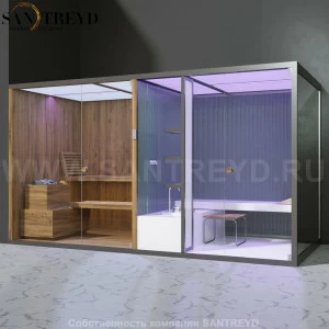 Effegibi BODYLOVE SH BL40240004 Фронтальная комбинированная баня: хаммам и сауна. Установка: в левый угол. Мощность: 15 кВт макс. Размеры: длина 393 см, ширина 176 см. Отделка: термообработанная древесина, трубчатое стекло и гладкая термообработанная древ