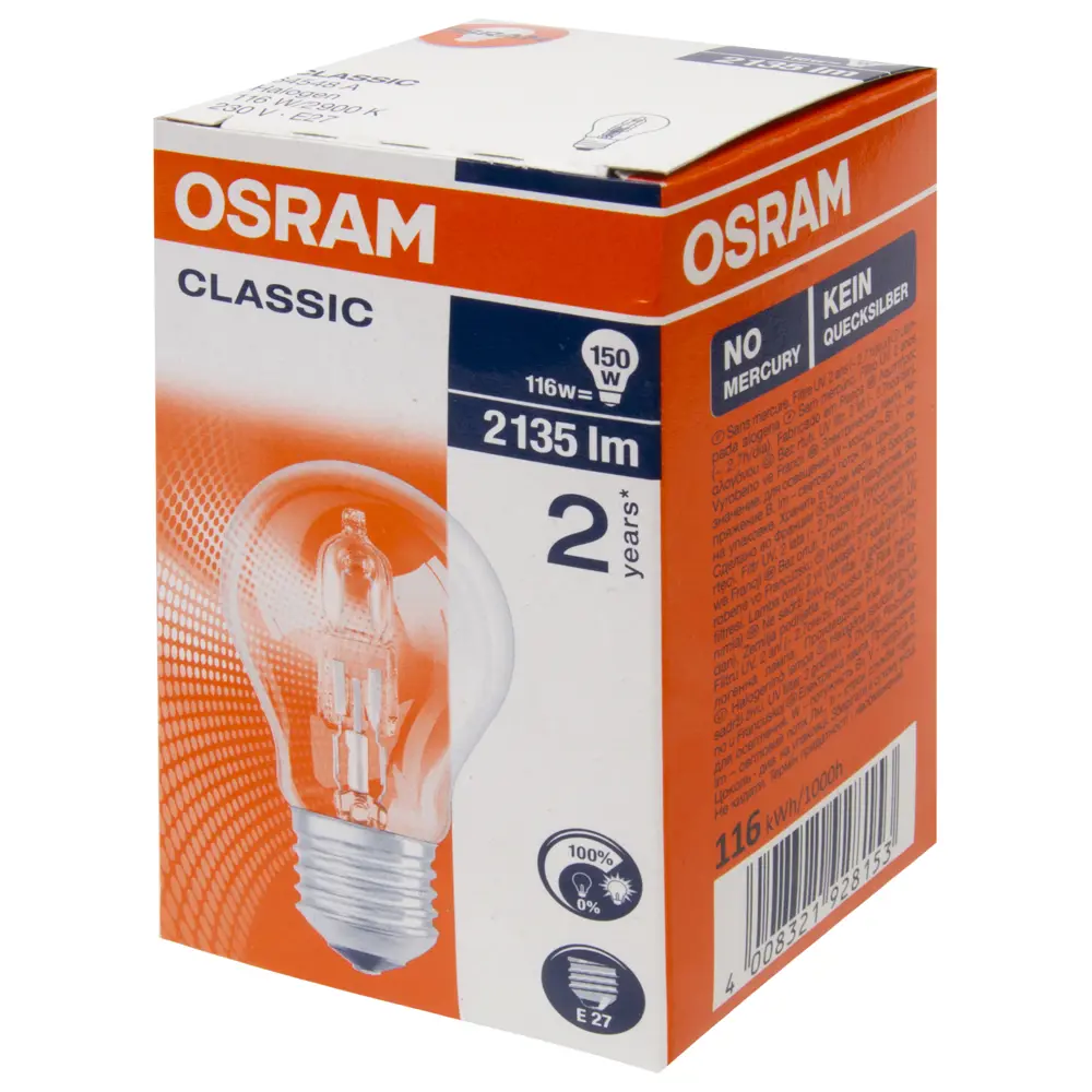 Лампа галогенная Osram шар E27 116 Вт свет тёплый белый STLM-2067458 - Вид №1