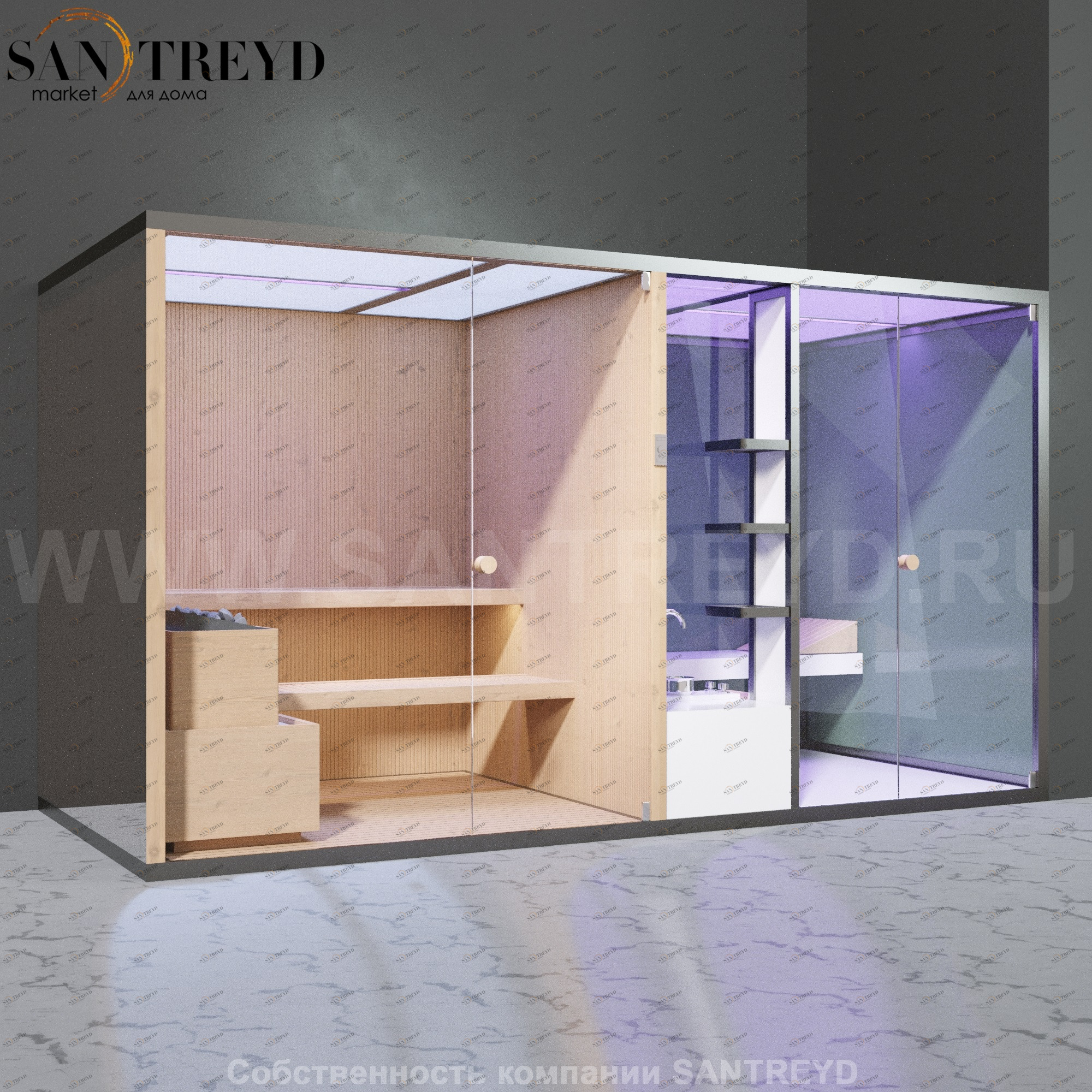 Effegibi BODYLOVE SH BL40130003 Фронтальная комбинированная баня: хаммам и сауна. Установка: в правый угол. Мощность: 15 кВт макс. Размеры: длина 393 см, ширина 176 см. Отделка: канадский хемлок, гладкое стекло и зеркало.