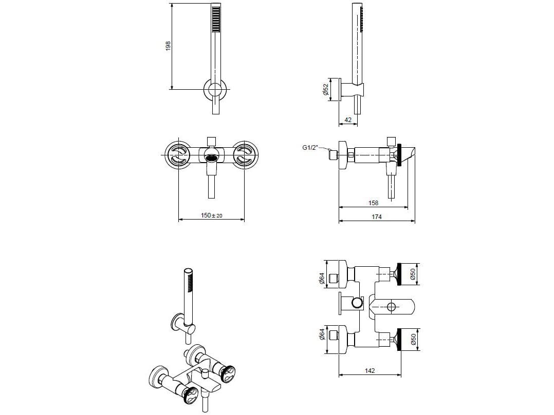 Хромированный латунный настенный смеситель для ванны Bugnatese тысяча девятьсот пятьдесят ARCH-00035131 - Вид №2