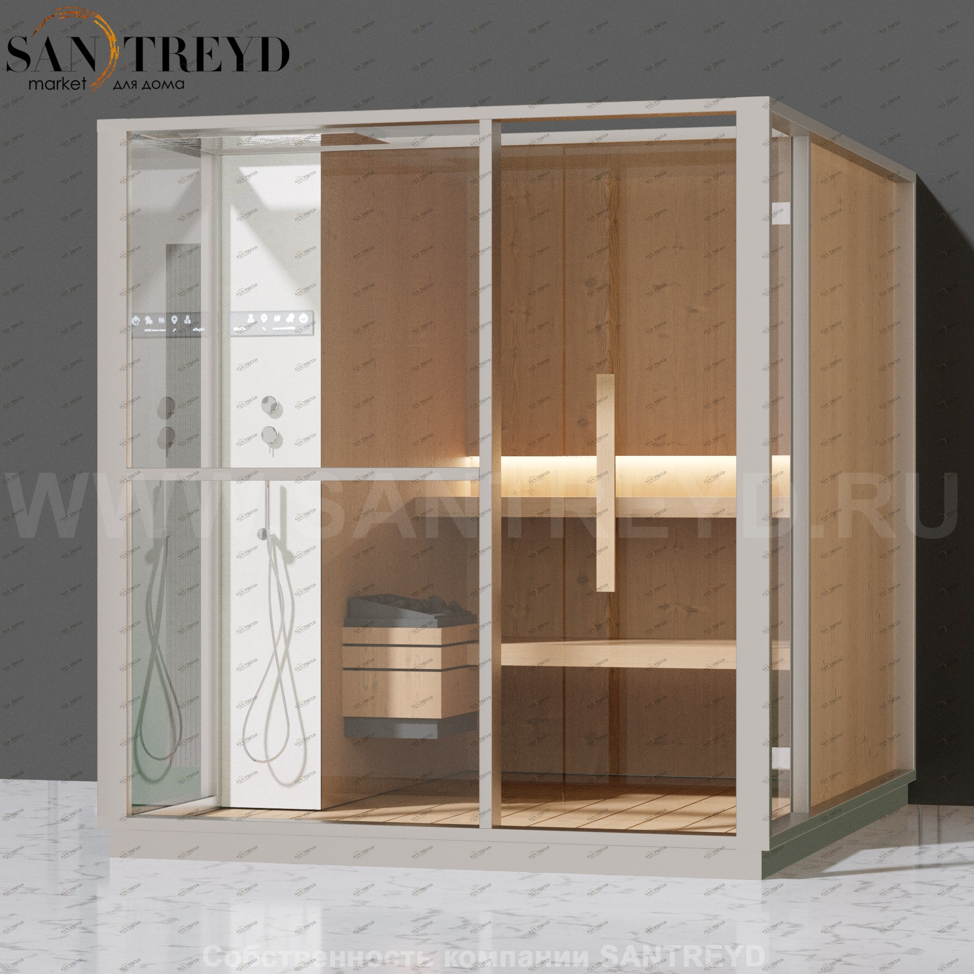 Effegibi LOGICA S LO20020002 Сауна. Установка: к стене. Левая дверь. Мощность: 6 кВт макс. Размеры: длина 214 см, ширина 250 см. Отделка: канадский хемлок, матовый лакированный белый аллюминий и серый ламинат из керамогранита.