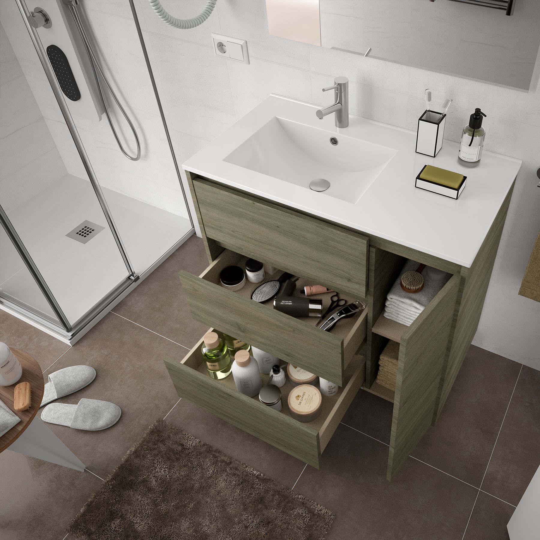 85121 SALGAR Комплект мебели для ванной ARENYS 855 ETERNITY OAK + Раковина + Зеркало + Свет Робл Вечность - Вид №1
