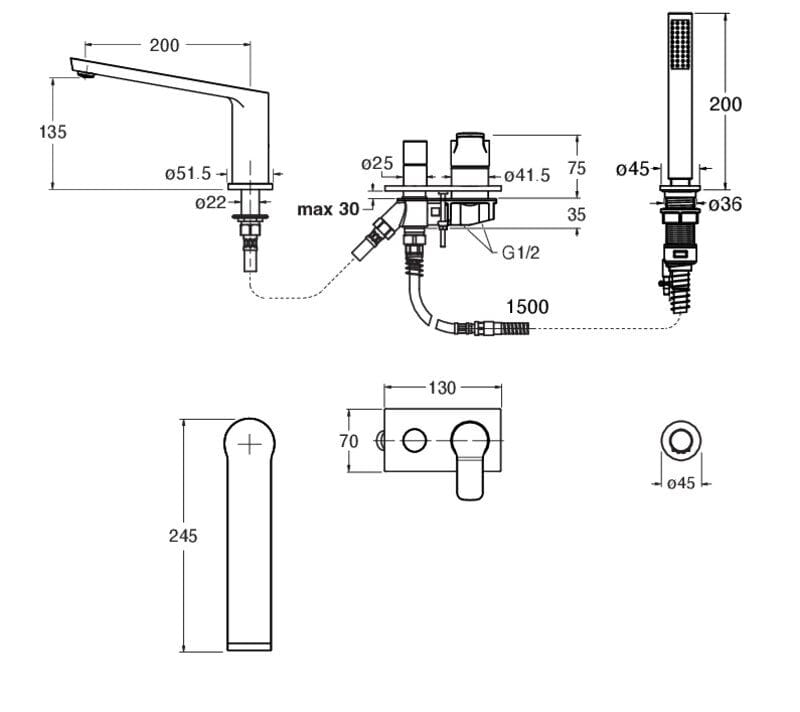 Смеситель для ванны с 3 отверстиями и ручным душем CRISTINA Rubinetterie Elevation ARCH-00111736 - Вид №2