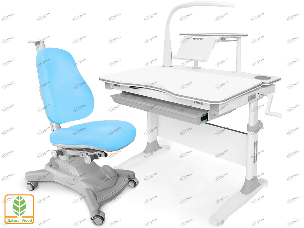 Парта детская Evo-30 с креслом Y-418 KBL серо-голубая с лампой MEALUX EVO  00-3950435 Белый;серый Santreyd 