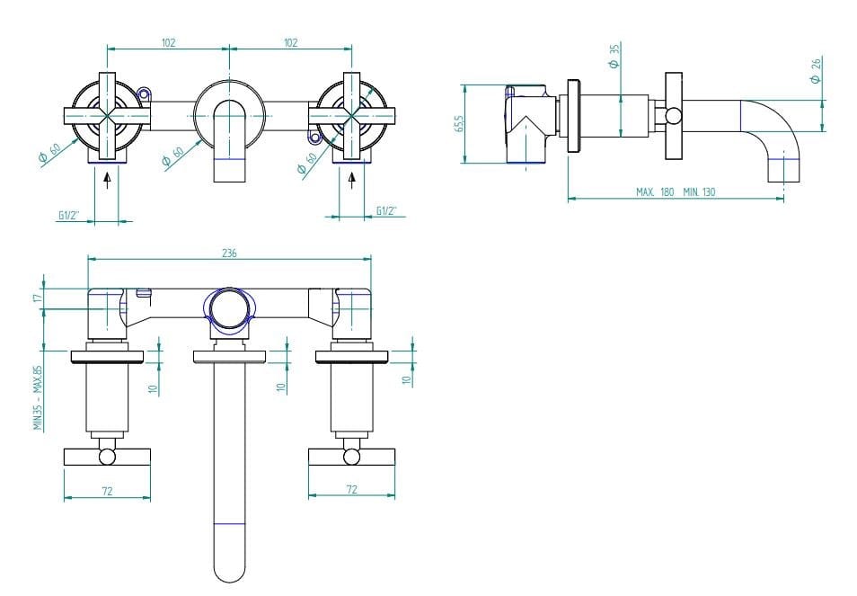 Настенный смеситель для раковины с 3 отверстиями Zazzeri Da-Da ARCH-00090389 - Вид №2