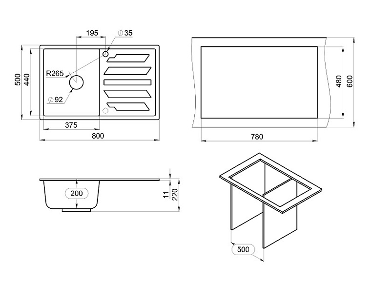 8002, ТУРМАЛИН, кухонная мойка, кварц GRANULA 8002-ST219 - Вид №3