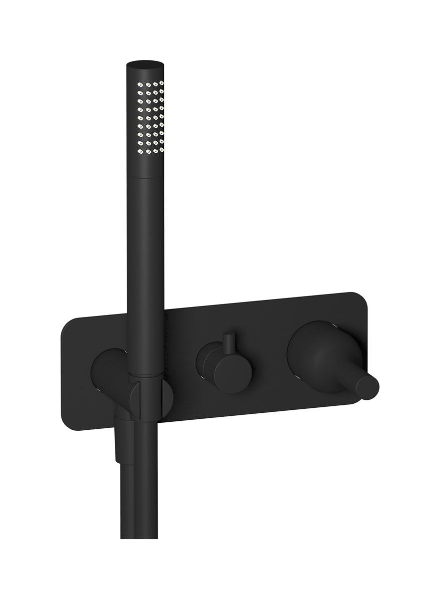 Внешние части встроенного в стену смесителя на 2 потребителя в комплекте с душевым гарнитуром. WE ARE IB bi313np Matt Black Batlo