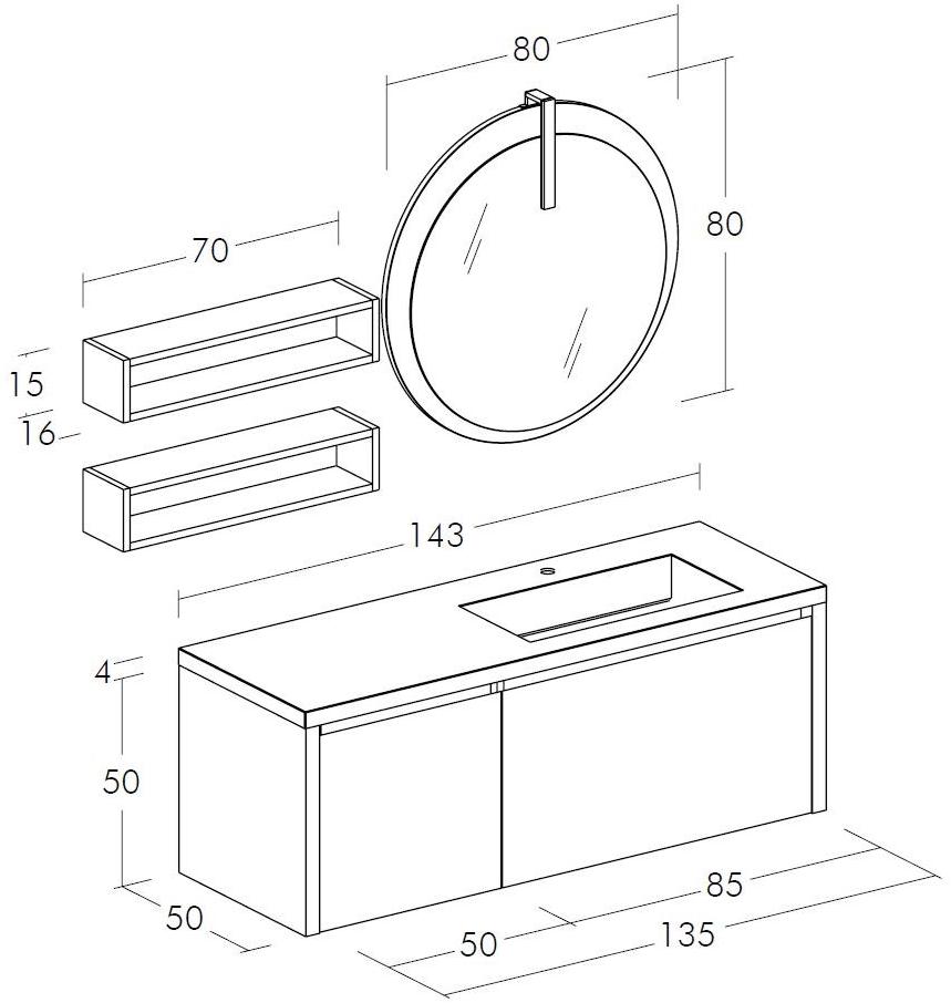 LEGNOBAGNO Тумба под умывальник подвесная с ящиками и зеркалом Freedom lineare sun-id-1424156 - Вид №3