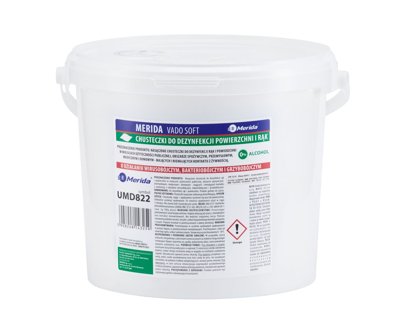 UMD822 Салфетки для дезинфекции рук и поверхностей VADO SOFT, без спирта, ведро 6 л, рулон 65 м, 260 листов Merida 
