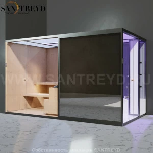 Effegibi BODYLOVE SH BL45140006 Боковая комбинированная баня: хаммам и сауна. Установка: в левый угол. Мощность: 15 кВт макс. Размеры: длина 393 см, ширина 176 см. Отделка: канадский хемлок, трубчатое стекло и зеркало.