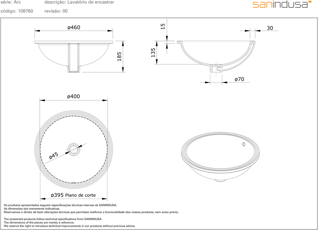 108760004 Накладная раковина под столешницу  круглая Sanindusa Arc - Вид №1