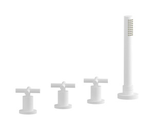 Смеситель на бортик ванной на 4 отверстия с изливом, дивертером и душевым гарнитуром. WE ARE IB yp202np Matt White WOW