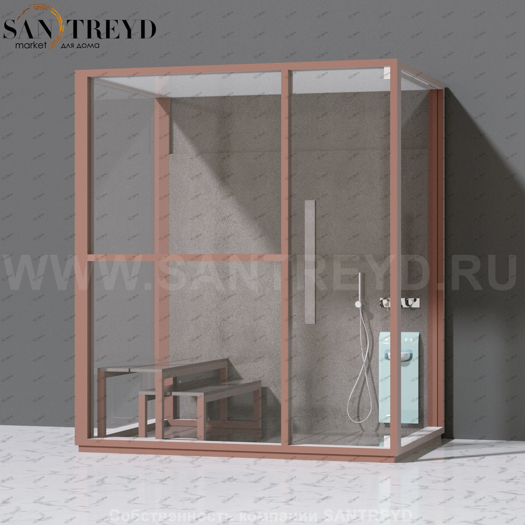 Effegibi H LARGE LO80030002 Комбинированная баня: хаммам и душ. Установка: к стене. Левая дверь. Мощность: 4,5 кВт макс. Размеры: длина 173 см, ширина 102 см. Отделка: матовый лакированный коричневый аллюминий и темный ламинат из керамогранита.