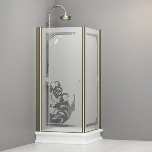9146P1 Душевая кабина DX с распашной дверью и фиксированной боковой частью для душевого поддона квадрат 90x90, цвет Золотистый Kerasan RETRO Италия