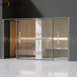 Effegibi LOGICAFILO LO11010008 Комбинированная баня: хаммам и сауна. Установка: в нишу. Мощность: 10,5 кВт макс. Размеры: длина 373 см, ширина 250 см. Отделка: канадский хемлок, матовый лакированный серый аллюминий и бежевый ламинат из керамогранита.