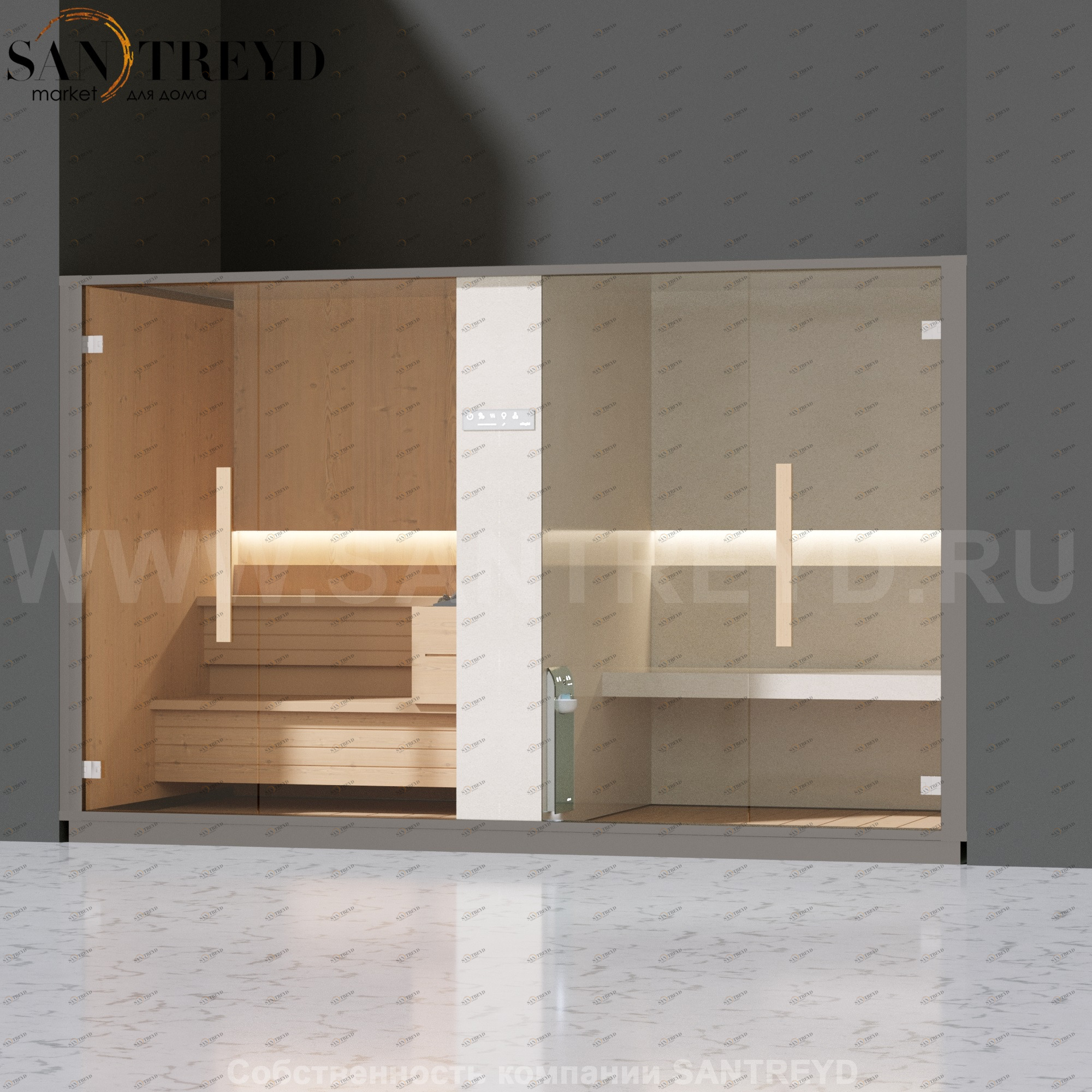 Effegibi LOGICA SH LO40010005 Комбинированная баня: хаммам и сауна. Установка: в нишу. Мощность: 10,5 кВт макс. Размеры: длина 373 см, ширина 171 см. Отделка: канадский хемлок, матовый лакированный серый аллюминий и бежевый ламинат из керамогранита.