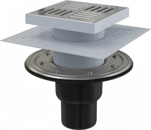 Сливной трап 150×150/50/75 мм прямой сток, решетка из нержавеющей стали, фланец из нержавеющей стали, воротник изоляции 2–го уровня, гидрозатвор сухой и мокрый