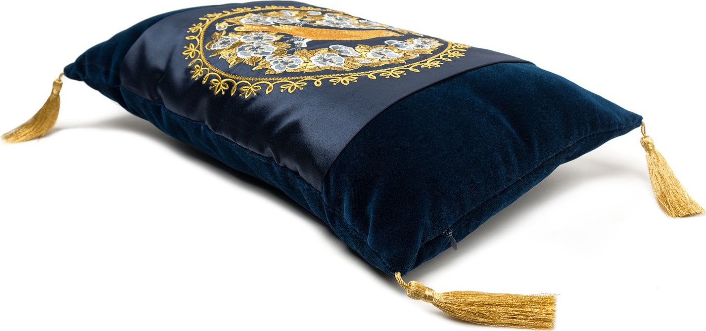 10659214 Торжокские золотошвеи Подушка диванная "Птица в цветах" бархат+шелк Рис. 2375 бархат синий Бархат 
