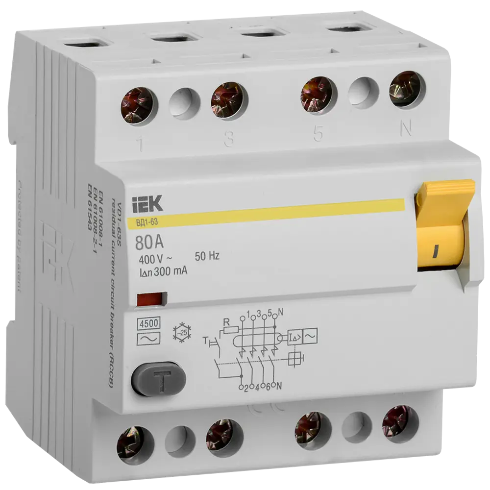 УЗО IEK ВД1-63 4Р 80 А 300 мА 4.5 кА AC MDV10-4-080-300 84300212 STLM-2120876  - Вид №1