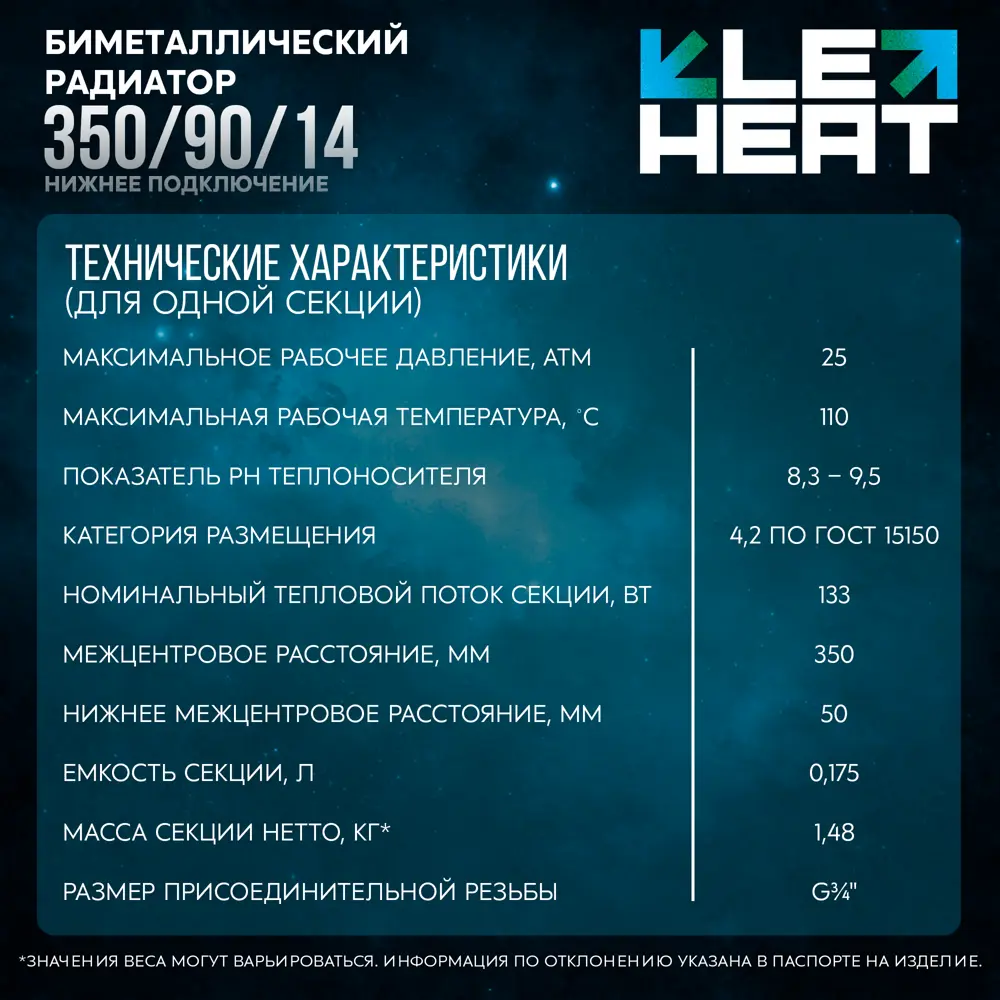 Радиатор секционный Le Heat Bimetal 350/90 14 секций нижнее подключение биметалл белый 89423775 STLM-2115309  - Вид №12