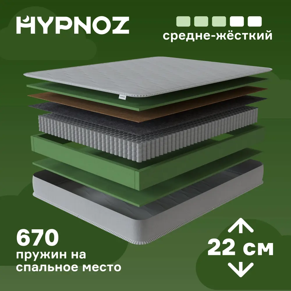 90999074 Матрас Hypnoz Spring Evo 180x200 см, независимый пружинный блок, двуспальный, жесткий STLM-1020666