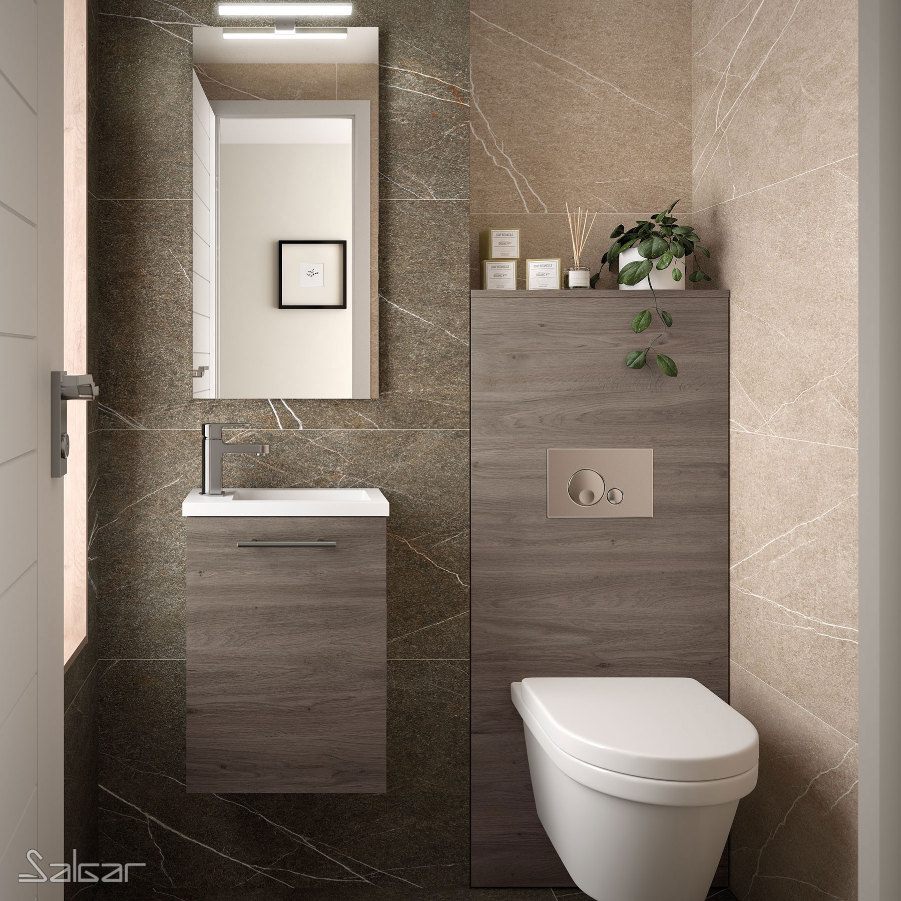 85159 SALGAR Комплект мебели для ванной MICRO 400 ETERNITY OAK + Раковина + Зеркало + Свет