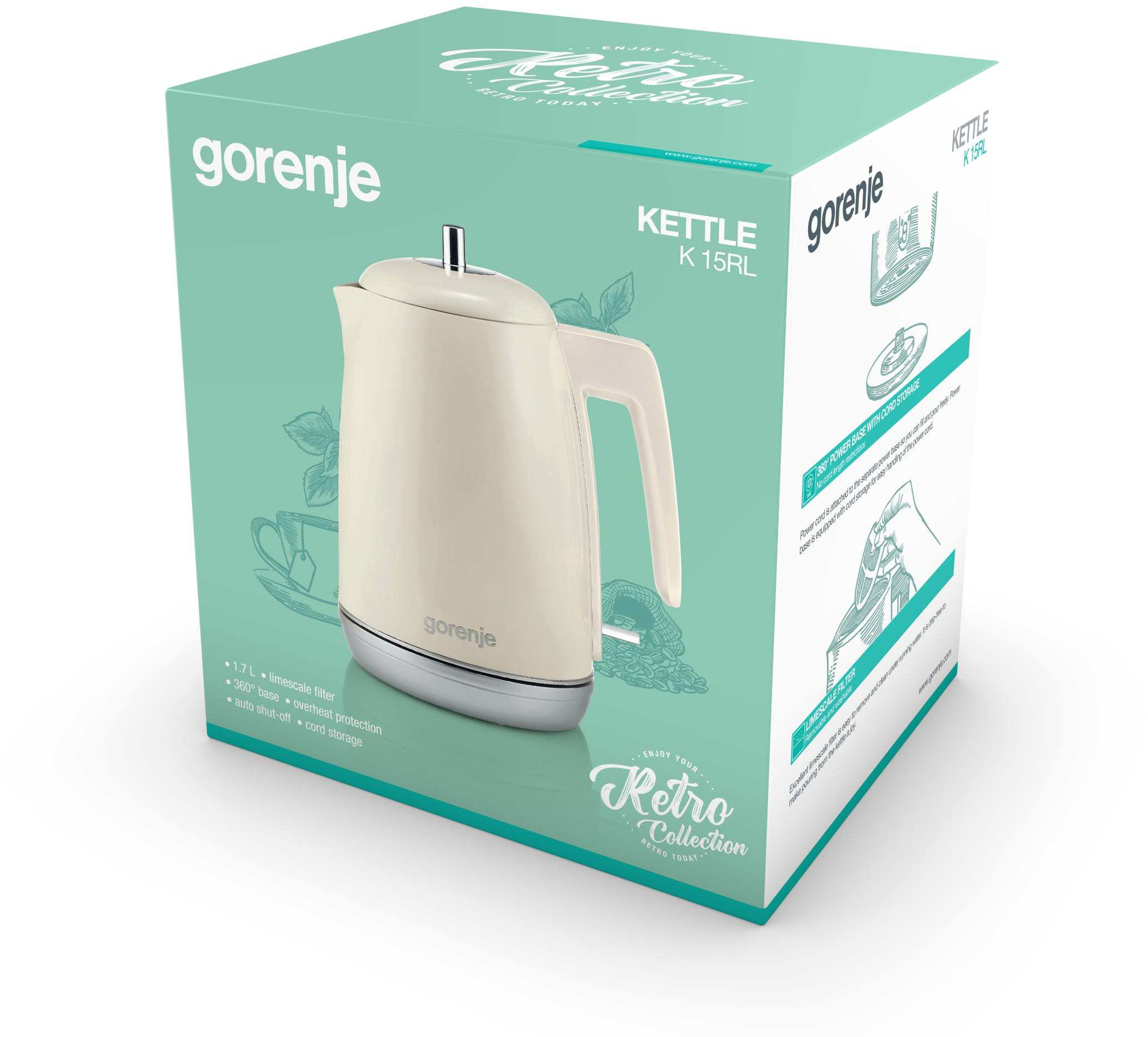 K15RL Чайник / корпус металл, 2200 вт,объем 1.7л ретро дизайн, беж. Gorenje Santreyd  - Вид №1