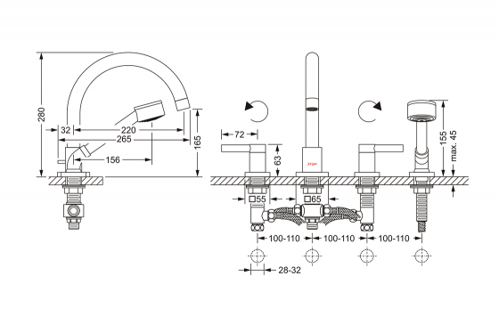 Смеситель для ванны на 4 отверстия ½“, монтаж на борт ванны JOERGER Charleston Square 634.40.100.000 - Вид №1