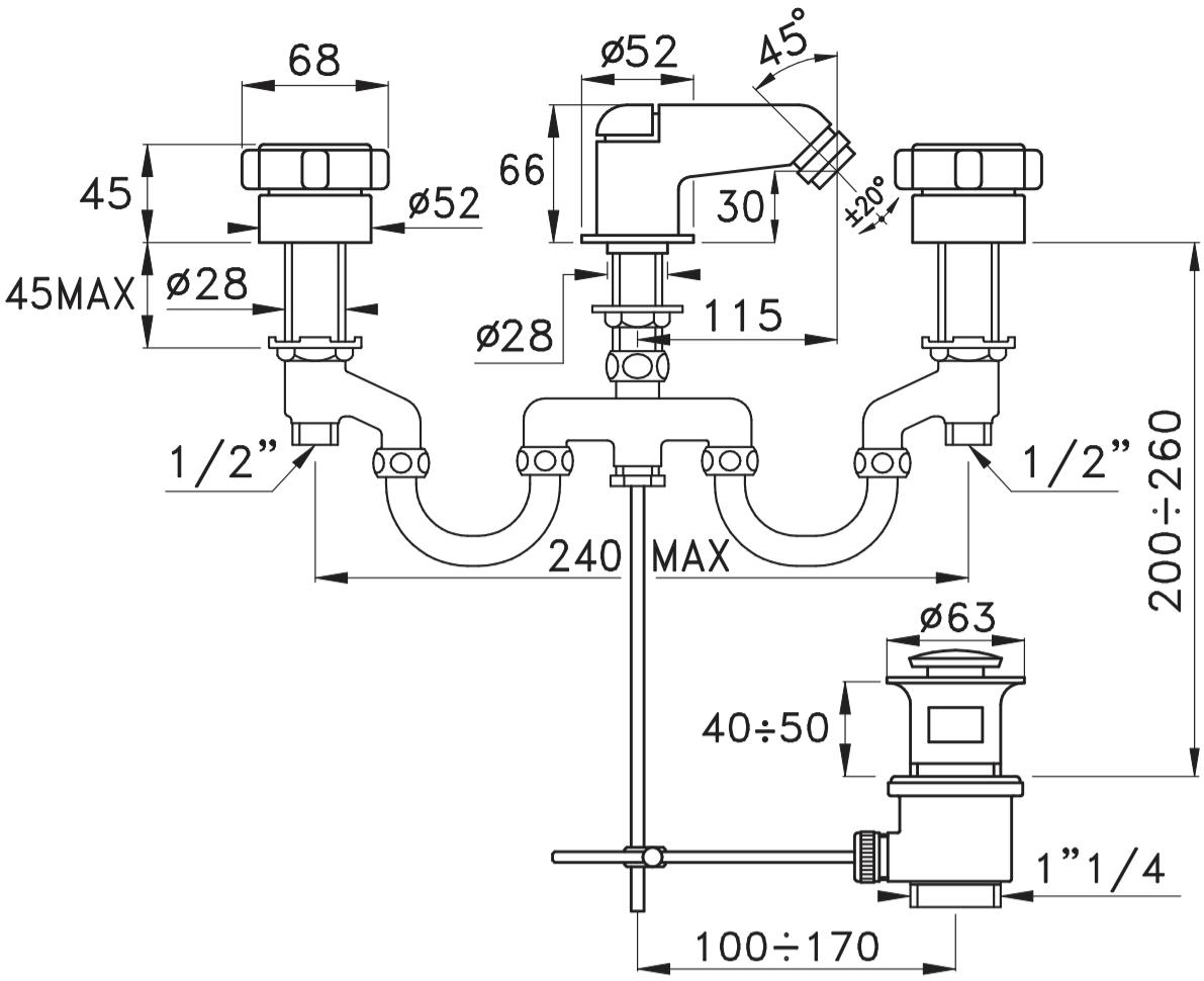 RUBINETTERIE STELLA Смеситель для биде на 3 отверстия с регулируемым изливом Aster At00201cr00 - Вид №1