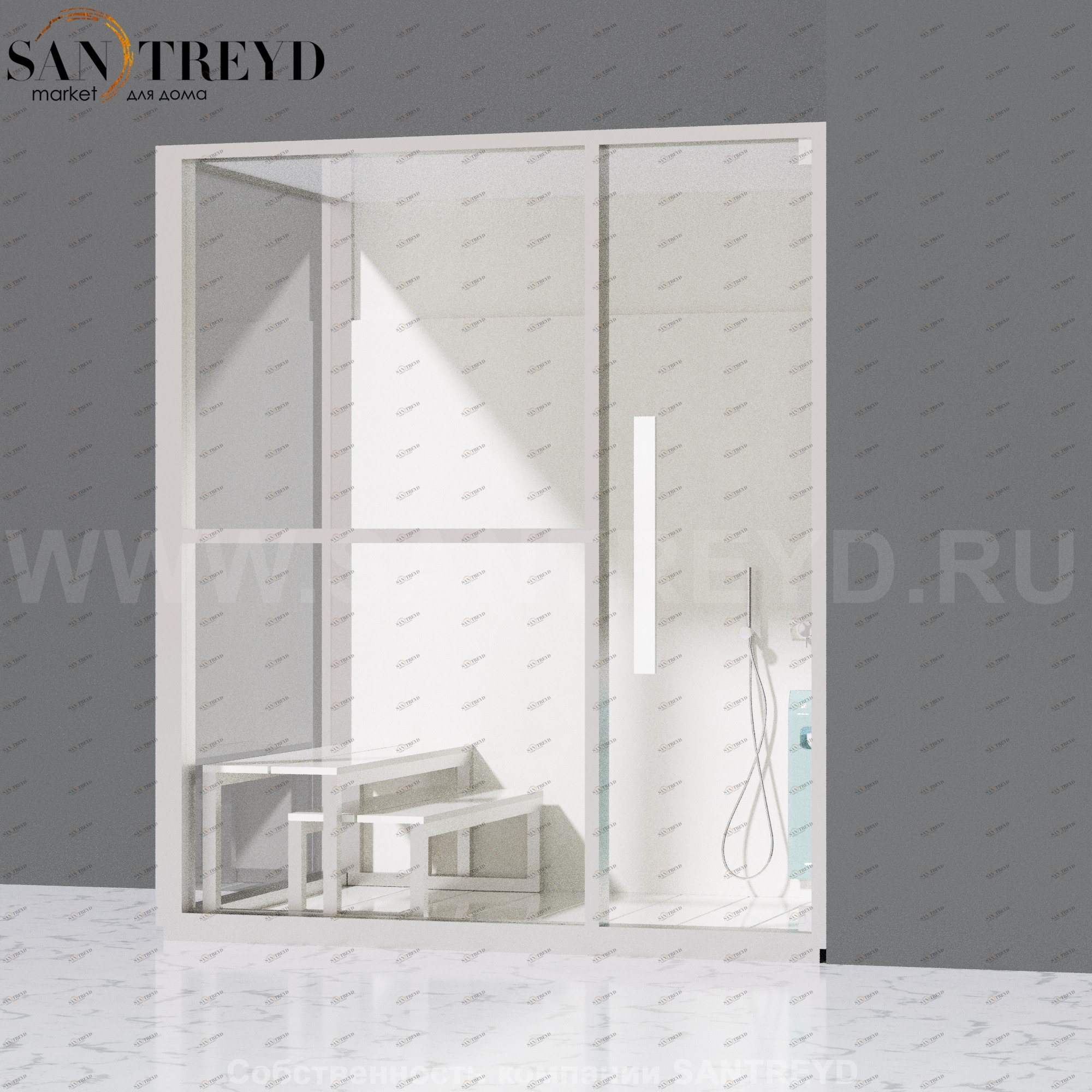 Effegibi H LARGE LO80020006 Комбинированная баня: хаммам и душ. Установка: в правый угол. Левая дверь. Мощность: 4,5 кВт макс. Размеры: длина 173 см, ширина 102 см. Отделка: матовый лакированный белый аллюминий и серый ламинат из керамогранита.