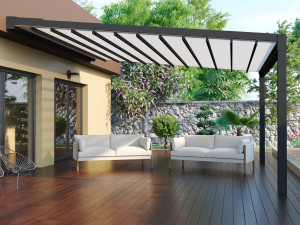 Моторизованная пергола из алюминия и ПВХ с раздвижной крышкой