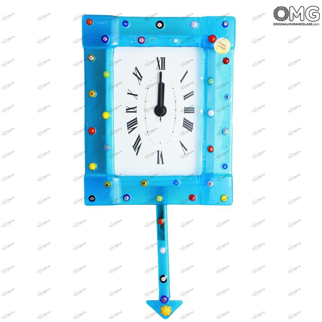 1258 ORIGINALMURANOGLASS Настенные часы с маятником Лазурная муррина - маленькие - муранское стекло 14 см 