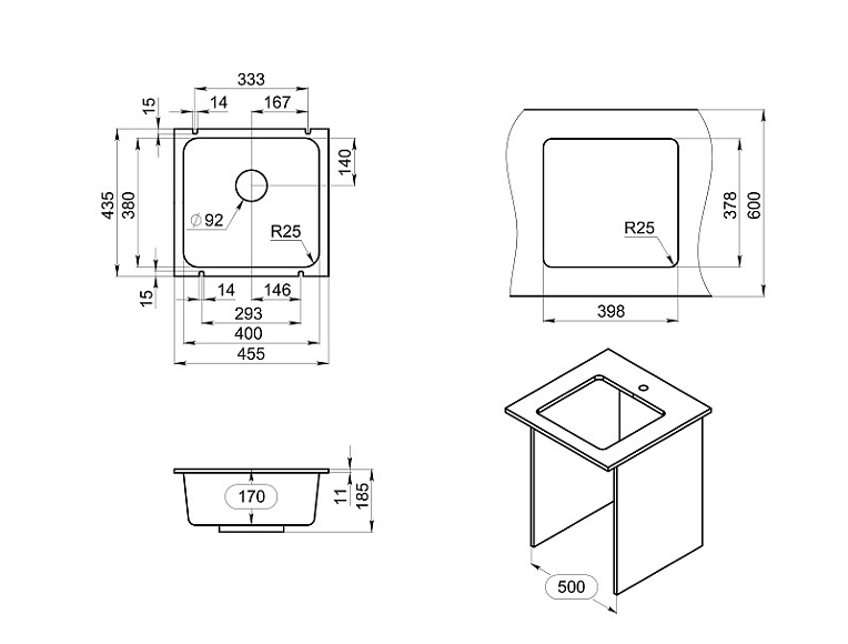 3801, ШВАРЦ (чёрный металлик), кухонная мойка, кварц GRANULA 3801-ST83 - Вид №3